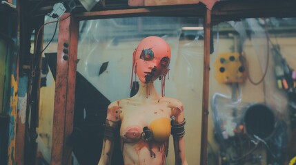 Cyberpunk slum junkyard cyber female robot, imperfect and expired scrap metal android with  bald head, exaggerated humanoid features.