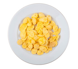Corn flakes on a plate on a white background