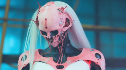 Cyberpunk slum junkyard cyber female robot, imperfect and expired scrap metal android with  bald head, exaggerated humanoid features.