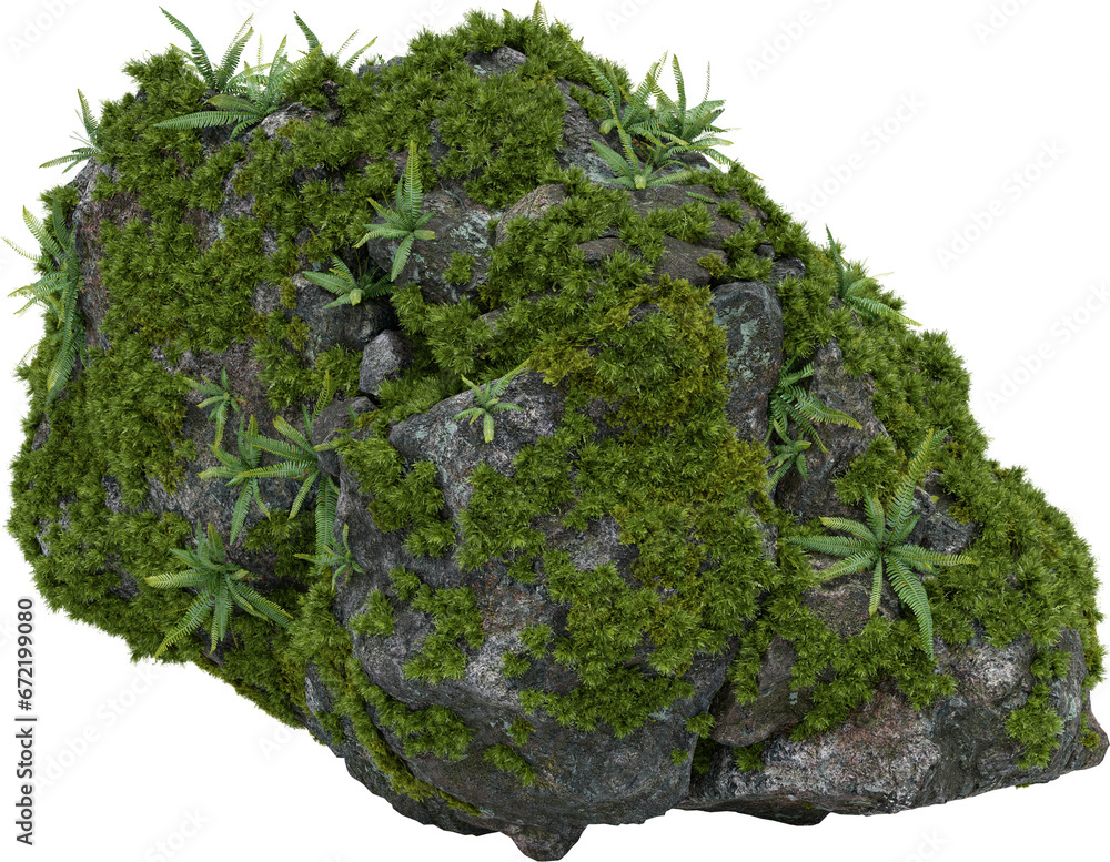 Aufkleber moss plants on stone. 3d rendering of isolated objects.