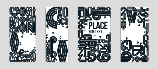 Abstract covers vector designs set, geometric modern art theme, black and white artistic illustrations as a backgrounds with places for text.