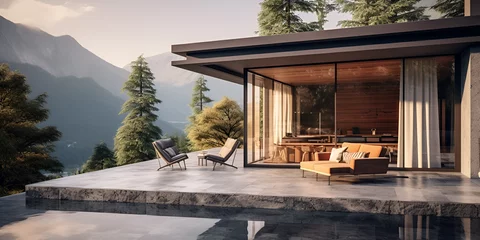 Fotobehang Luxury villa designed in a minimalist aesthetic. Glass home set against a mountain background. Stunning mountain vistas visible from the modern villa AI Generative   © Faiza