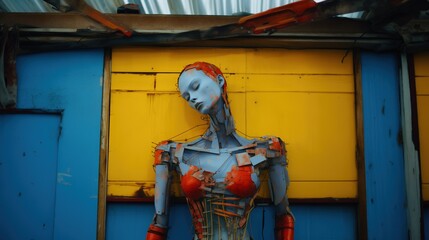 Cyberpunk slum junkyard cyber female robot, imperfect and expired scrap metal android with  bald head, exaggerated humanoid features.