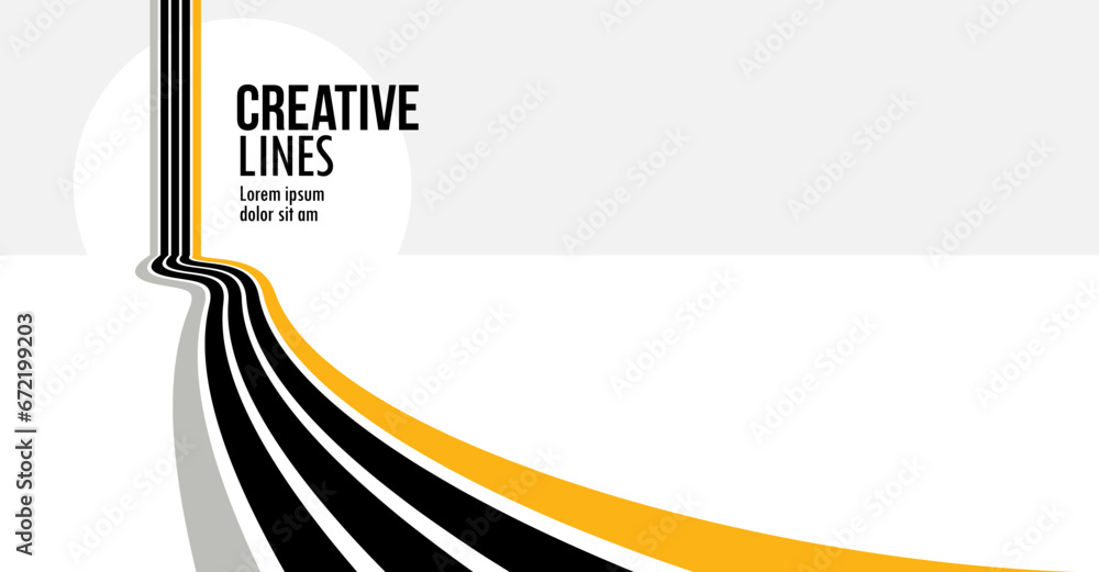 Poster 3d black and white lines in perspective with yellow elements abstract vector background, linear pers