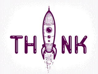 Think word with pencil instead of letter I, ideas and brainstorm concept, vector conceptual creative logo or poster made with special font.