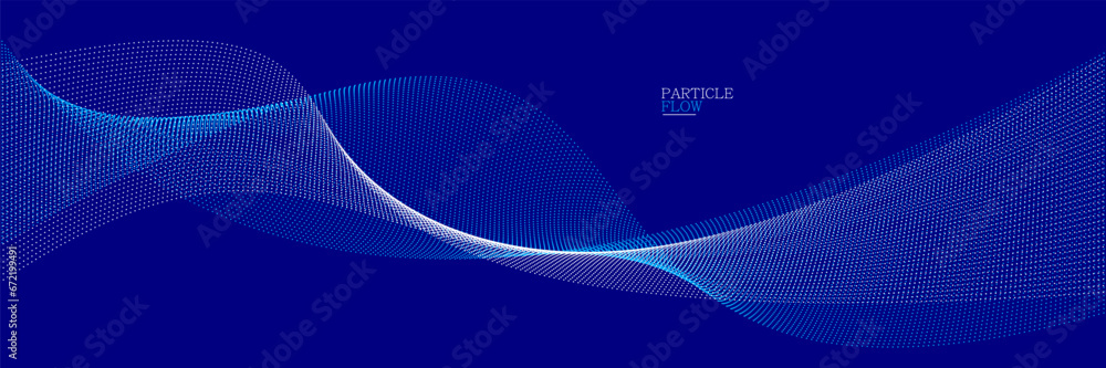 Poster dark blue abstract background, vector wave of flowing particles, curvy lines of dots in motion, tech