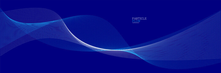 Dark blue abstract background, vector wave of flowing particles, curvy lines of dots in motion, technology and science theme, airy and ease futuristic illustration.