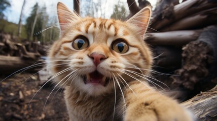 Close-up of a domestic cat with whiskers in an attack pose. A cat takes a selfie.