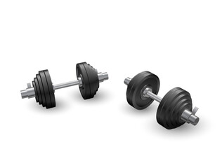 Fototapeta na wymiar Beautiful realistic perspective view fitness two black iron loadable dumbbells on transparent background.
