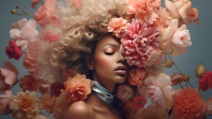 The concept of hair care with means that improve their condition. Beautiful girls with model faces have bouquets of flowers in their hair. - obrazy, fototapety, plakaty