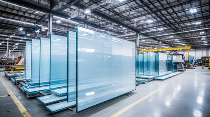 Tempered Glass Excellence: Factory manufacturing at its finest, crafting sheets of clear float glass cut to size. An industrial masterpiece for construction projects on a clean white canvas - obrazy, fototapety, plakaty