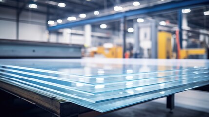 Tempered Glass Excellence: Factory manufacturing at its finest, crafting sheets of clear float glass cut to size. An industrial masterpiece for construction projects on a clean white canvas