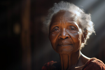  Smiling elderly black woman. Old person. AI. - obrazy, fototapety, plakaty