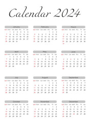 Calendar 2024 template vector, simple minimal design, Planner 2024 year, black and white, print, vertical, Wall calendar 2024 year. Set of 12 calendar, advertisement.