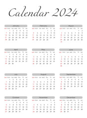 Calendar 2024 template vector, simple minimal design, Planner 2024 year, black and white, print, vertical, Wall calendar 2024 year. Set of 12 calendar, advertisement.