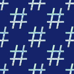 Seamless pattern of green blue gradient watercolor Hashtag symbol. Hand drawn illustration. On dark blue.	