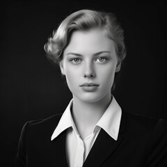 black and white photo, 1958 beautiful 30 year old east german female young blond hair blue eyes, wearing suit