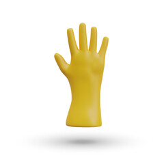 3D yellow glove in vertical position. Rubber protection for hands. Accessory for cleaning, sanitary procedures. Icon, poster for household goods store