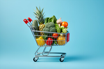 Grocery shopping cart with vegetables and fruits on blue background