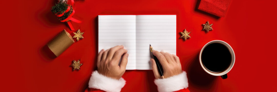 Santa Claus writing the nice list poster for Merry Christmas and Happy New Year.