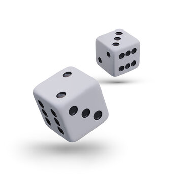 Realistic white dice with black dots. Vector elements with shadows. Cubes in flight, falling effect. Illustration for website, application of gambling, table games