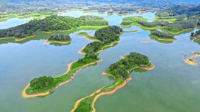 Aerial 4k video of Ulu Kasok Riau tourist attraction, the Raja Ampat wannabe in Riau province, Sumatra island, Indonesia.