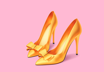 Golden high heels shoes with bow decoration isolated on pink background. Clipping path included