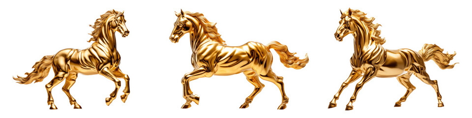 Set of golden horses isolated on transparent background.