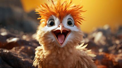 Cute little chicken with orange hair on sunny day, closeup. - obrazy, fototapety, plakaty