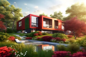 Red 3d rendering of a bright modern house in a natural landscape