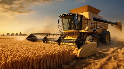 Wheat Harvesting Excellence: Witness the efficiency of a harvester machine as it reaps golden ripe wheat in a picturesque countryside - obrazy, fototapety, plakaty
