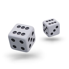 Game cubes in different positions on white background. Gambling and casino concept. Black pips on facet, craps and poker. Vector illustration in 3D style