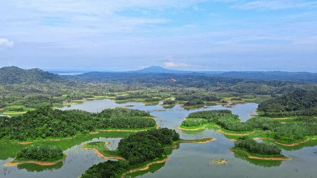 Aerial 4k video of Ulu Kasok Riau tourist attraction, the Raja Ampat wannabe in Riau province, Sumatra island, Indonesia.