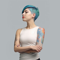 Punk dziewczyna w białym t-shirt patrząca w bok - portret profil - Punk girl in white t-shirt looking sideways - profile portrait - AI Generated - obrazy, fototapety, plakaty