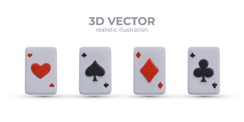 Set of playing cards of different suits in vertical position. Ace of Spades, Hearts, Diamonds, Clubs. Isolated vector illustration with shadows. Vector images for online games