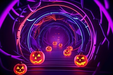 Glowing neon tunnel with halloween pumpkin