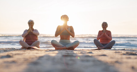 Beach yoga class, sunset and meditation instructor coaching zen mindset, spiritual chakra healing...