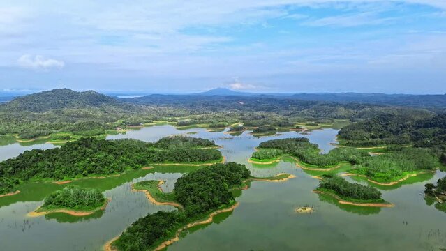 Aerial 4k video of Ulu Kasok Riau tourist attraction, the Raja Ampat wannabe in Riau province, Sumatra island, Indonesia.