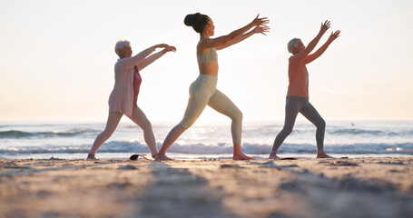 Beach yoga class, sunset and meditation coach teaching breathing, mindfulness and spiritual chakra,...