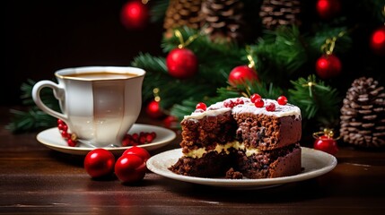 Obraz na płótnie Canvas Delicious Christmas cake with frosting and berries served with hot coffee on a wooden table in a cozy winter setting