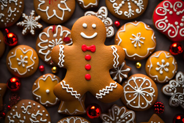 Gingerbread man on festive bright christmas background