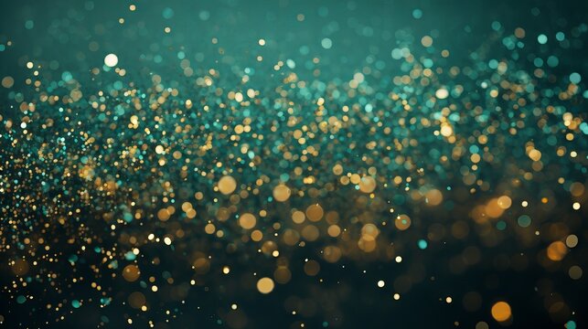 Teal green and gold glitter bokeh: festive holiday background texture in high resolution