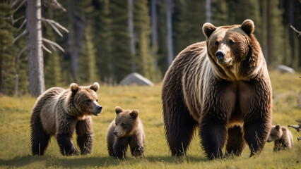 Obraz premium brown bear in the forest with cubs , animal photography
