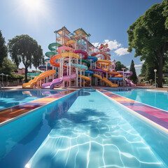 Fototapeta na wymiar Tranquil Water Slides: Multi-Colored Park Awaiting Summer Crowds