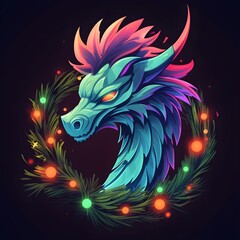 Obraz premium Christmas dragon in neon lights, shining 2024 symbol