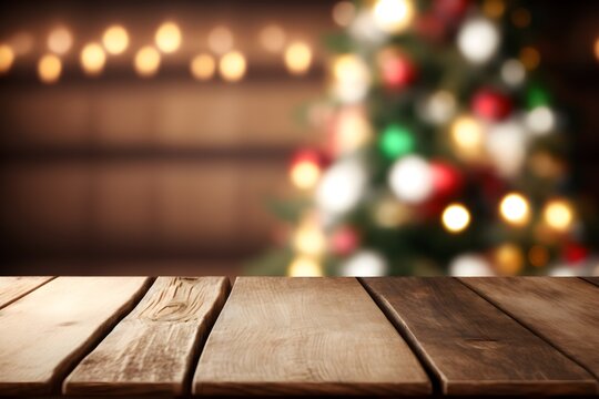 Wooden empty table mockup template with christmas bokeh lights background