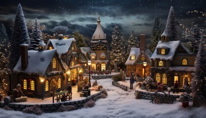 Obraz premium Photo of a Festive Christmas Village Illuminated by Twinkling Lights