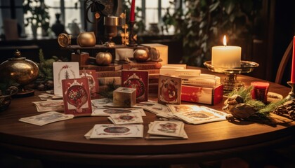 Fototapeta na wymiar Photo of a Table Overflowing with Playing Cards and Exquisite Candle Arrangements