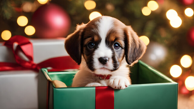 portrait of happy cute puppy in the gift box and celebrating Christmas holidays