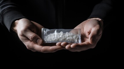 Overcoming Addiction: A concept of drug addiction portrayed by a man's hand holding a plastic packet with cocaine, emphasizing the need for rehabilitation and support in breaking harmful habits